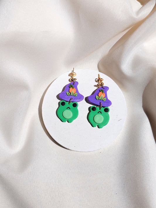 Witchy pumpkin frog polymer clay earrings, halloween spooky witch wican Handmade Dainty  dangle cute minimalist earrings, birthday gift for best friend