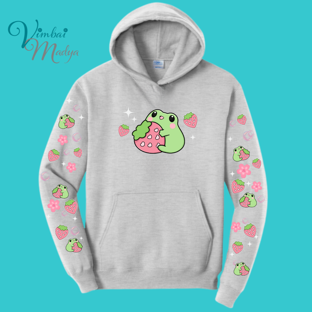 Strawberry Kawaii Frog  Sweater Hoodie  : Perfect Mother's Day Gift & Fall Winter Essential  .  Trendy, Unisex Style for Your Best Friend's Wardrobe