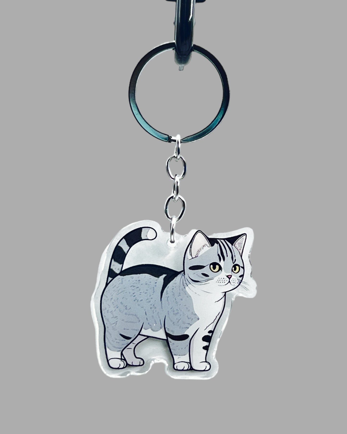 Grey Tabby Cat Acrylic key chain, Cute kawaii memorial ornament, pet portrait charm gift  backpack fob, dad car décor, first day of school gift