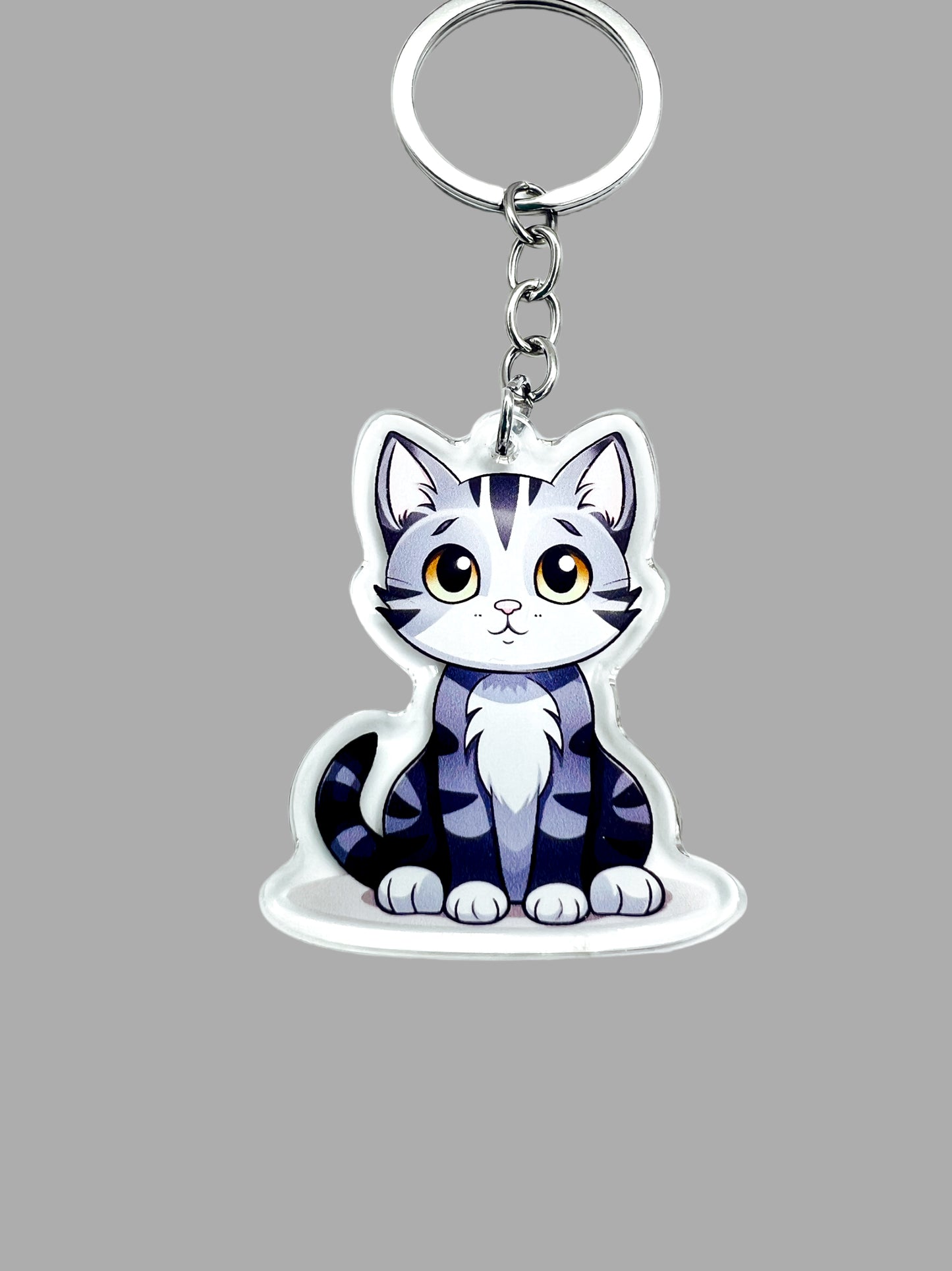 Grey Tabby Cat Acrylic Keychain, Cute kawaii memorial ornament, pet portrait charm gift  backpack fob, dad car décor, first day of school gift