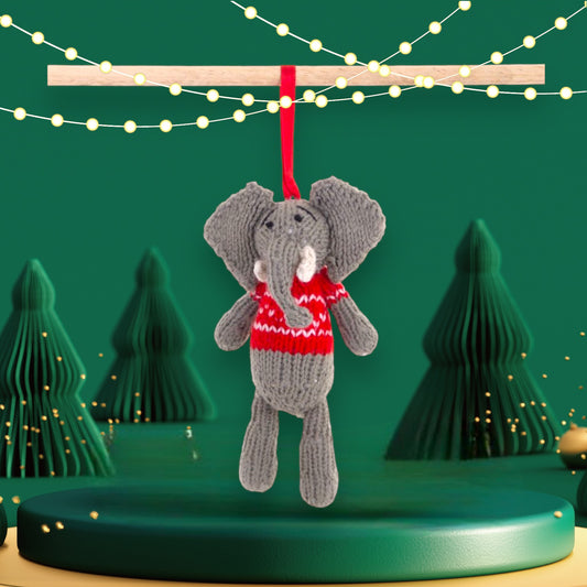 Elephant Red Christmas Crochet ornament  Amigurumi Cute Desk Decor Toy, Baby's First Nativity, Stocking Stuffer, Unique Festive Decor