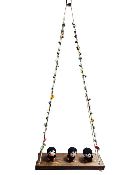 Black Penguin on a swing  Hanging Wall Shelf