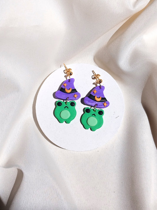 Witchy frog polymer clay earrings, halloween spooky witch wican Handmade Dainty  dangle cute minimalist earrings, birthday gift for best friend