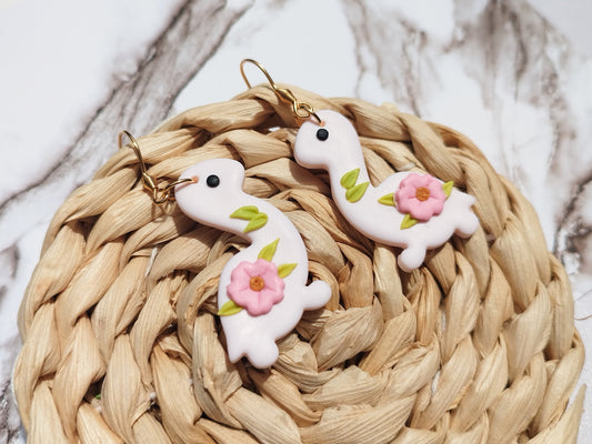 Sakura Dinosaur  polymer clay earrings,  japanese kawaii earrings, fun funky weird handmade trex, cute anime, novelty quirky unique earrings