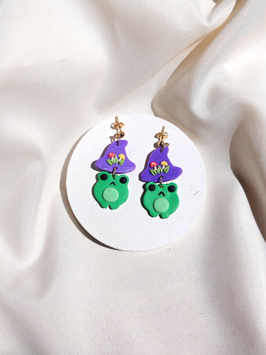 Witchy mushroom frog polymer clay earrings, halloween spooky witch wican Handmade Dainty  dangle cute minimalist earrings, birthday gift for best friend