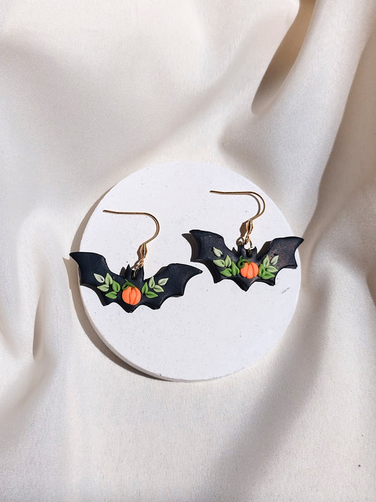 Bat pumpkin polymer clay earrings, halloween spooky witch wican Handmade Dainty  dangle cute minimalist earrings, birthday gift for best friend