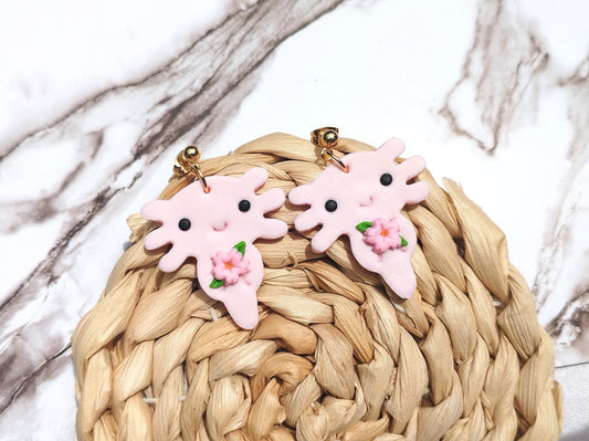 Axolotl polymer clay earrings Handmade Dainty polymer clay dangle earrings, cute minimalist girls earrings, birthday gift for best friend, niece or daughter animal lovers