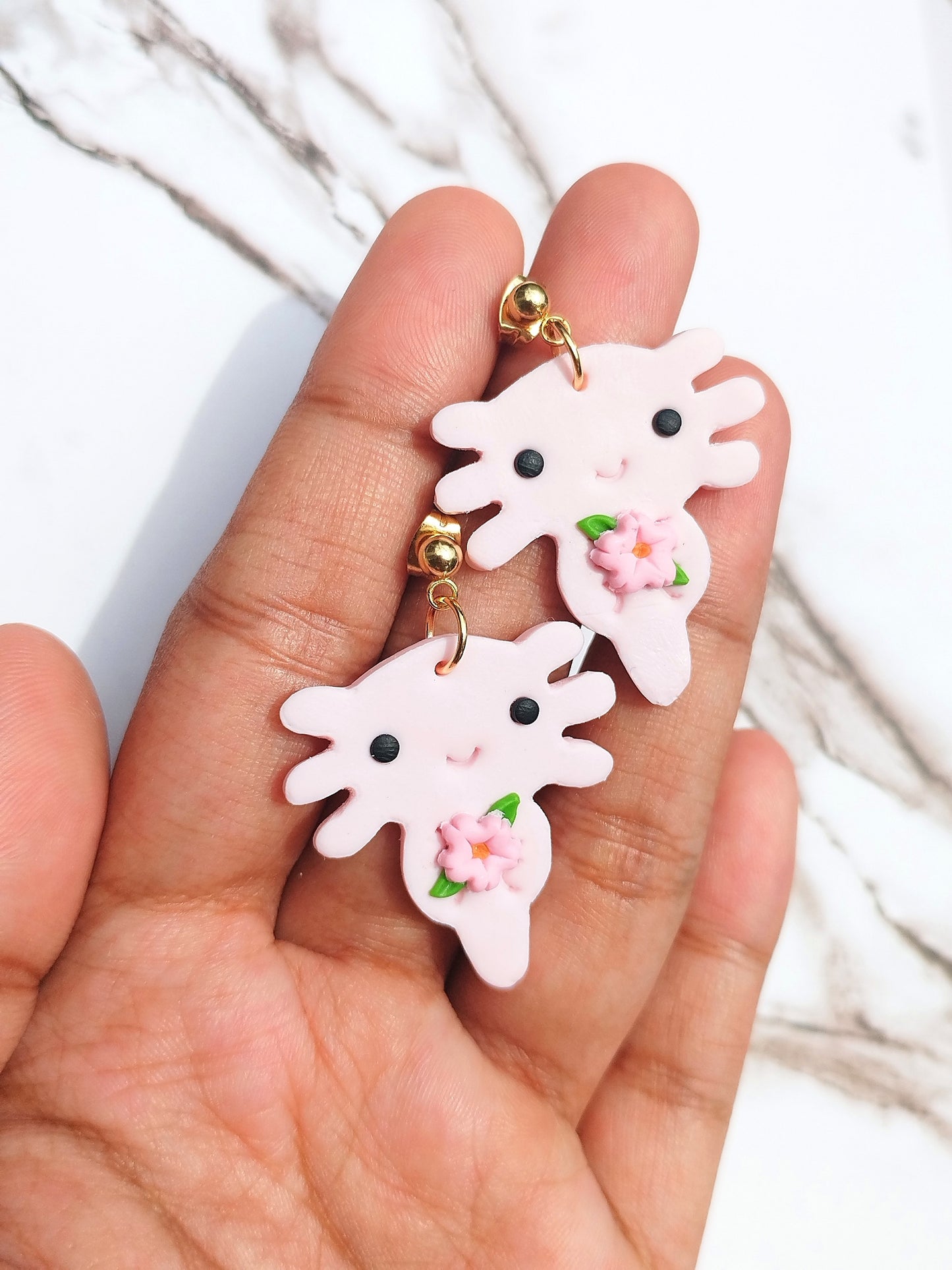 Axolotl polymer clay earrings Handmade Dainty polymer clay dangle earrings, cute minimalist girls earrings, birthday gift for best friend, niece or daughter animal lovers