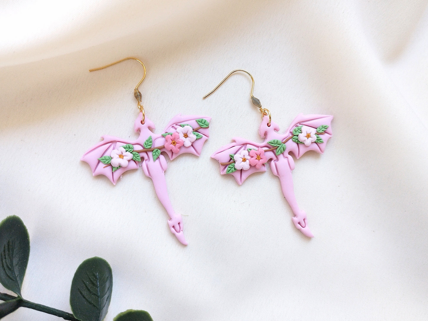 Sakura Dragonfly polymer clay earrings, japanese kawaii earrings, fun funky weird handmade nature, cute anime, novelty quirky unique earrings