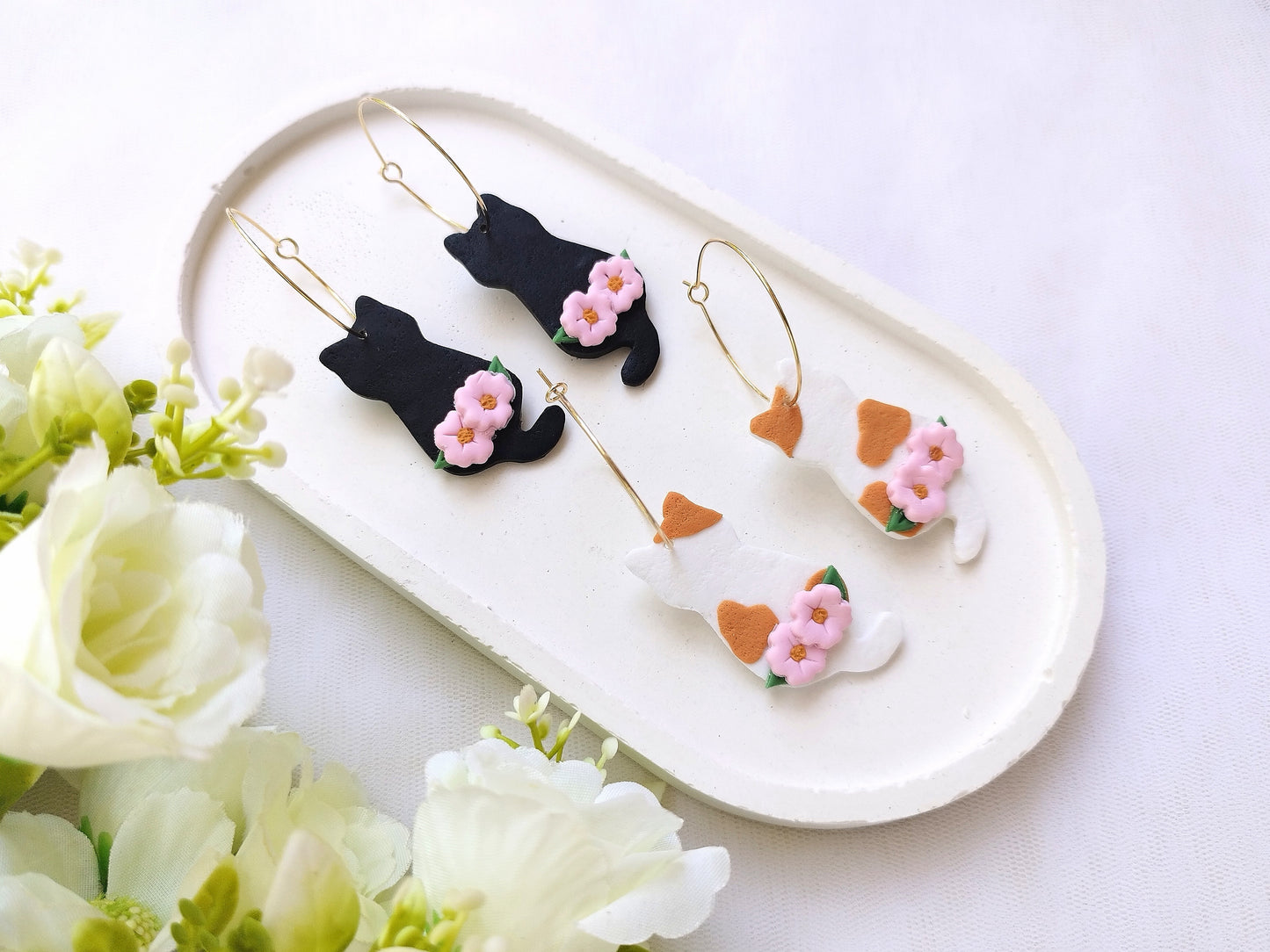 Sakura Cat Dainty polymer clay earrings,  japanese kawaii earrings, fun funky weird handmade cottagecore, cute anime, novelty quirky unique earrings