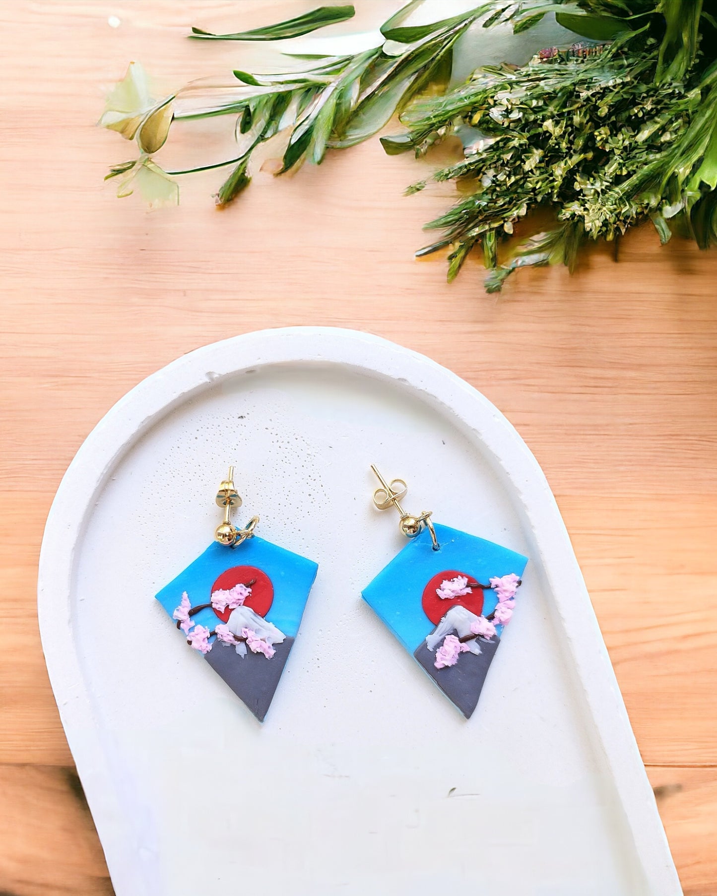 Sakura polymer clay earrings, japanese kawaii earrings, fun funky weird handmade cottagecore, cute anime, novelty quirky unique earrings