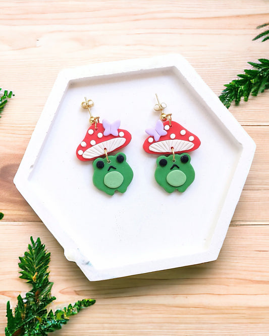 Mushroom frog polymer clay earrings, japanese kawaii earrings, fun funky weird handmade cottagecore, cute anime, novelty quirky unique earrings