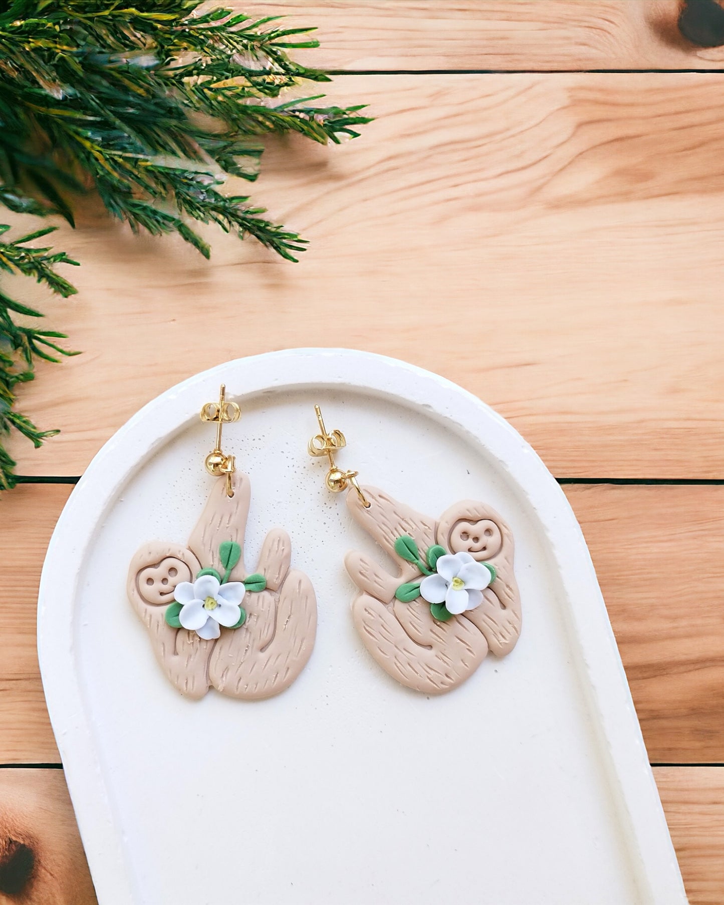 Sloth polymer clay earrings, japanese kawaii earrings, fun funky weird handmade cottagecore, cute anime, novelty quirky unique earrings