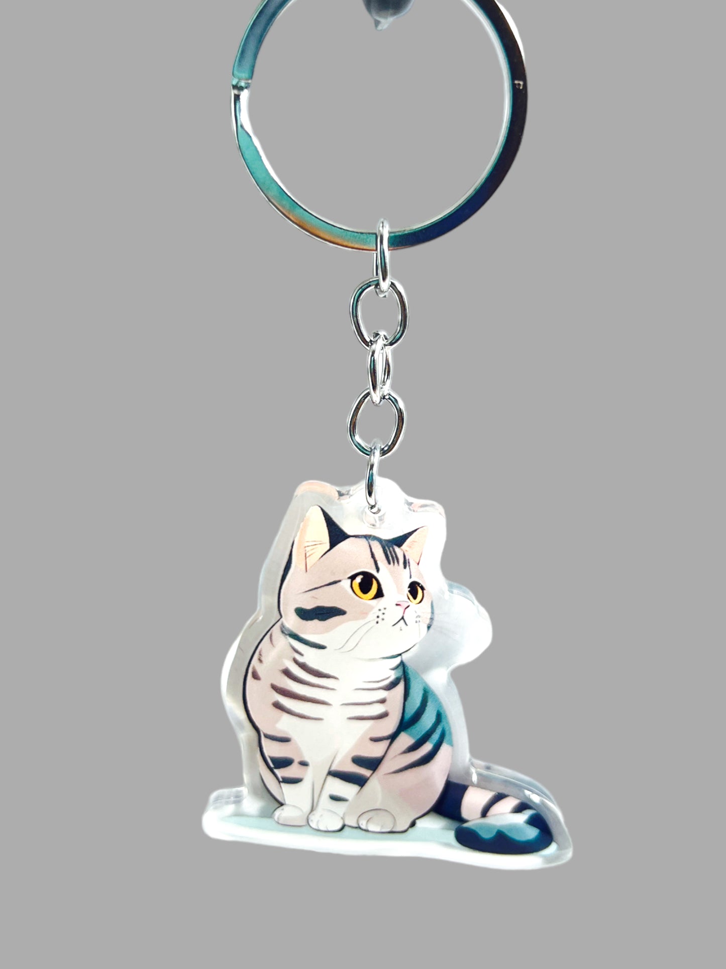 Grey Tabby Cat Acrylic Keychain, Cute kawaii memorial ornament, pet portrait charm gift  backpack fob, dad car décor, first day of school gift