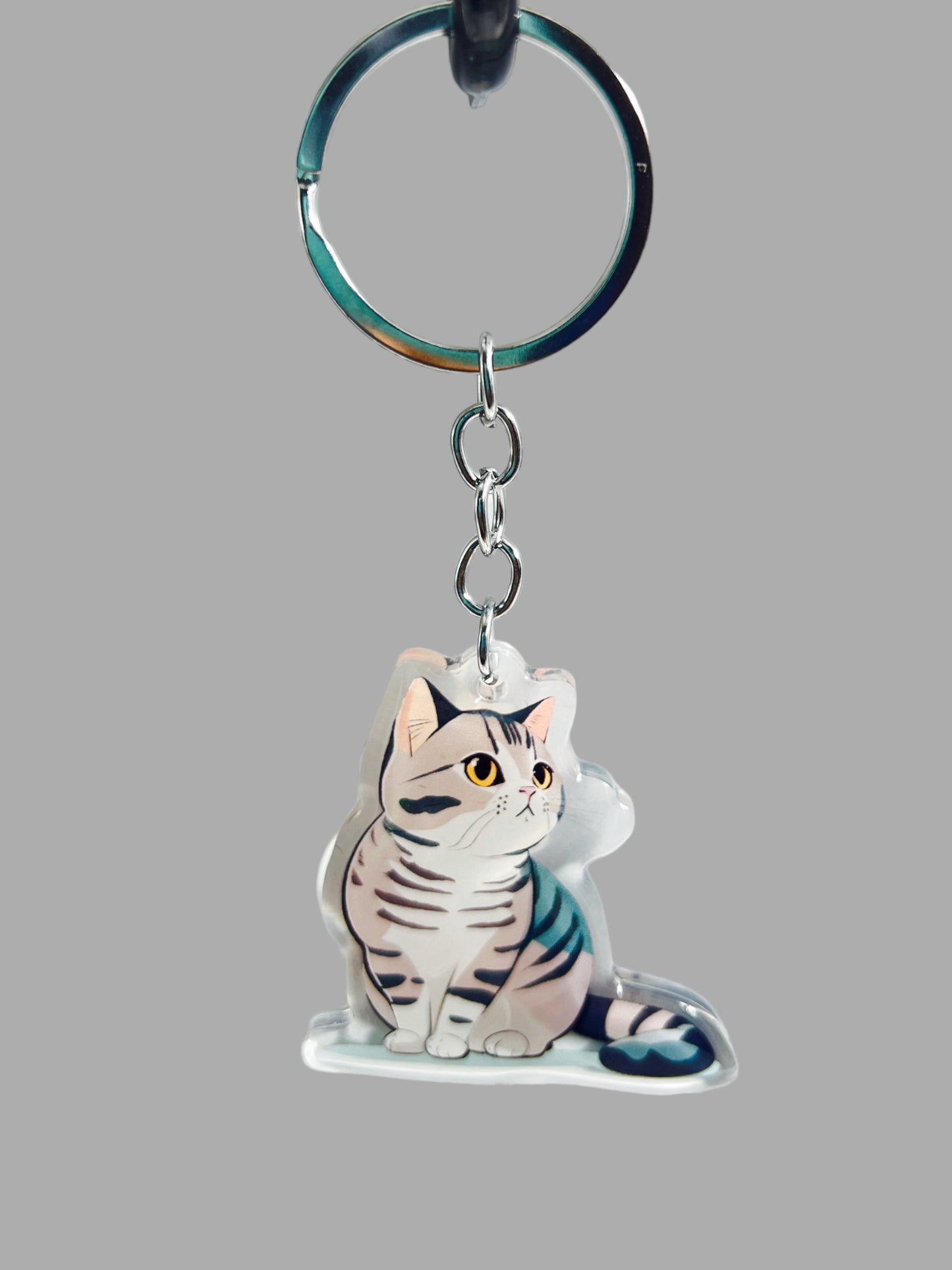 Grey Tabby Cat Acrylic Keychain, Cute kawaii memorial ornament, pet portrait charm gift  backpack fob, dad car décor, first day of school gift