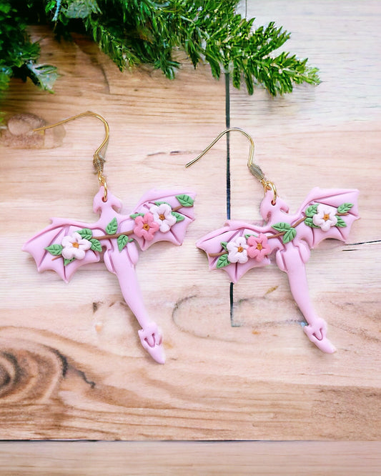 Sakura Dragonfly polymer clay earrings, japanese kawaii earrings, fun funky weird handmade nature, cute anime, novelty quirky unique earrings