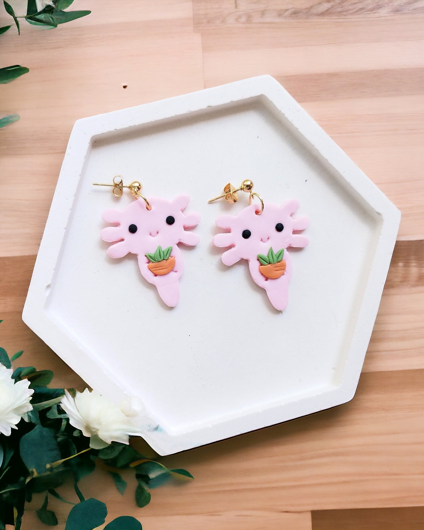 Axolotl polymer clay earrings Handmade Dainty polymer clay dangle earrings, cute minimalist girls earrings, birthday gift for best friend, niece or daughter animal lovers