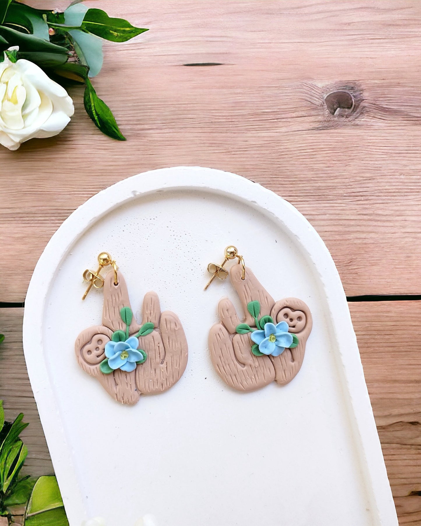 Sloth polymer clay earrings, japanese kawaii earrings, fun funky weird handmade cottagecore, cute anime, novelty quirky unique earrings