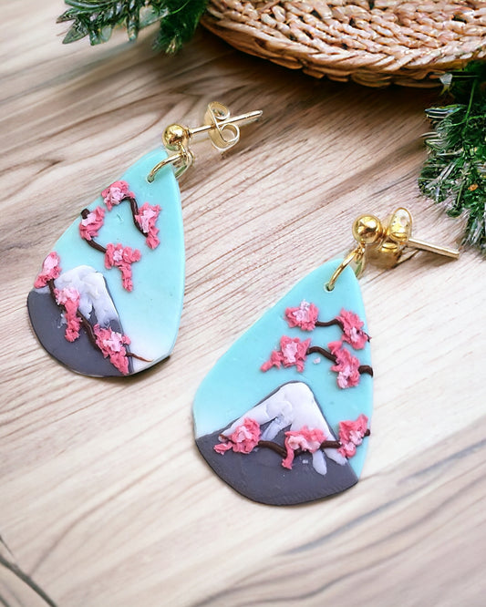 Sakura polymer clay earrings, japanese kawaii earrings, fun funky weird handmade cottagecore, cute anime, novelty quirky unique earrings