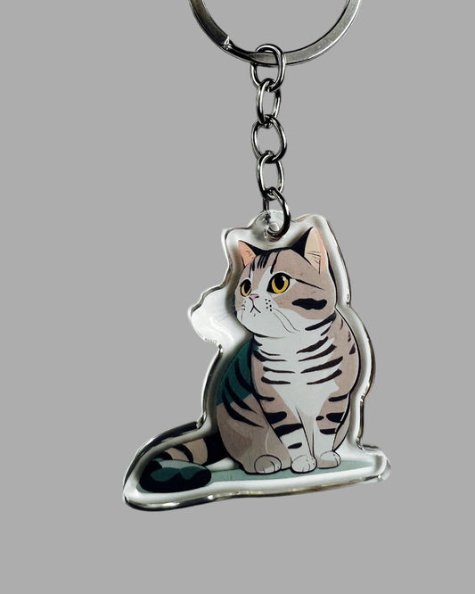 Grey Tabby Cat Acrylic Keychain, Cute kawaii memorial ornament, pet portrait charm gift  backpack fob, dad car décor, first day of school gift