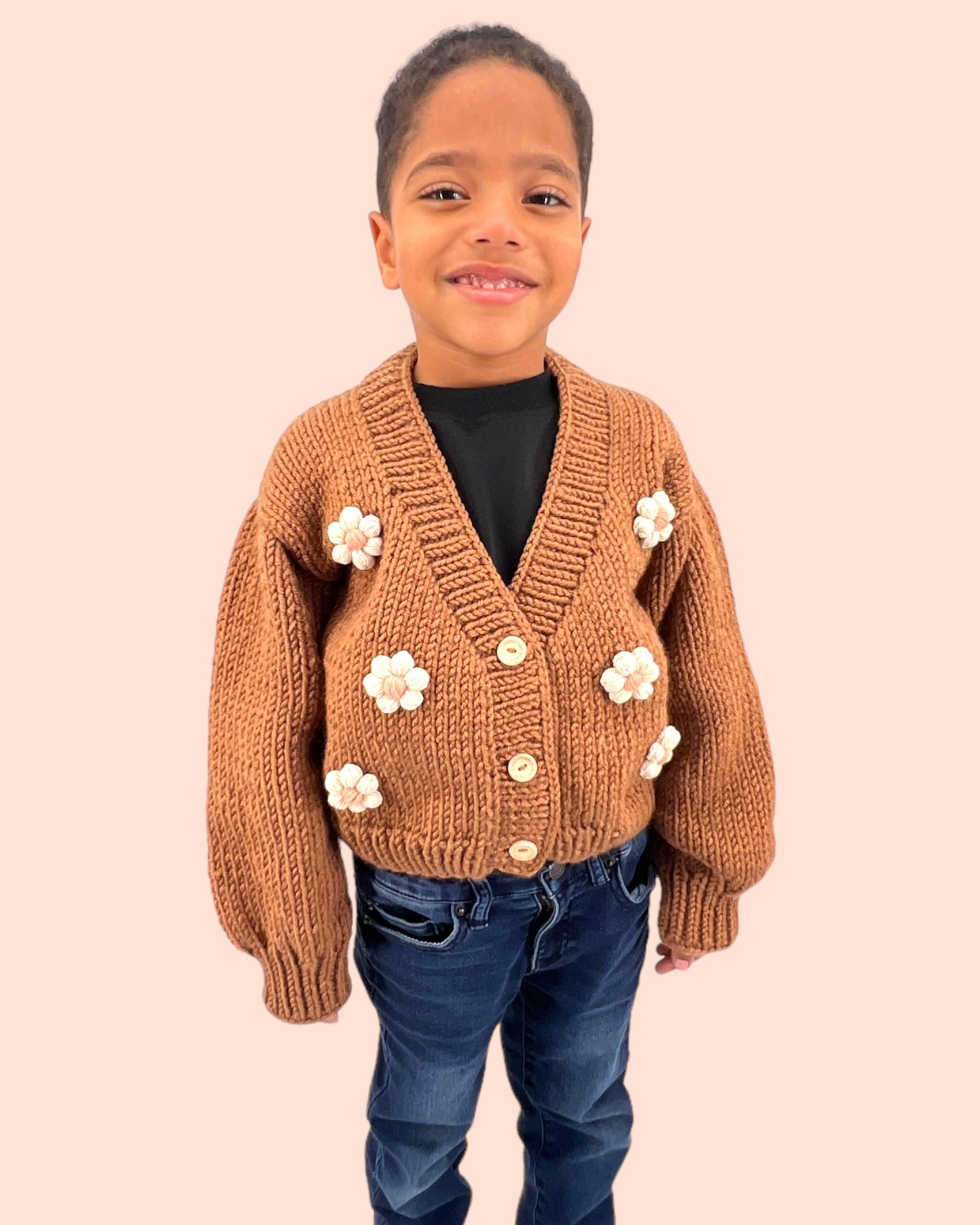 Kids Cardigan Sweater Daisy flowers unisex neutral  colors handmade knitted artisan kids clothes