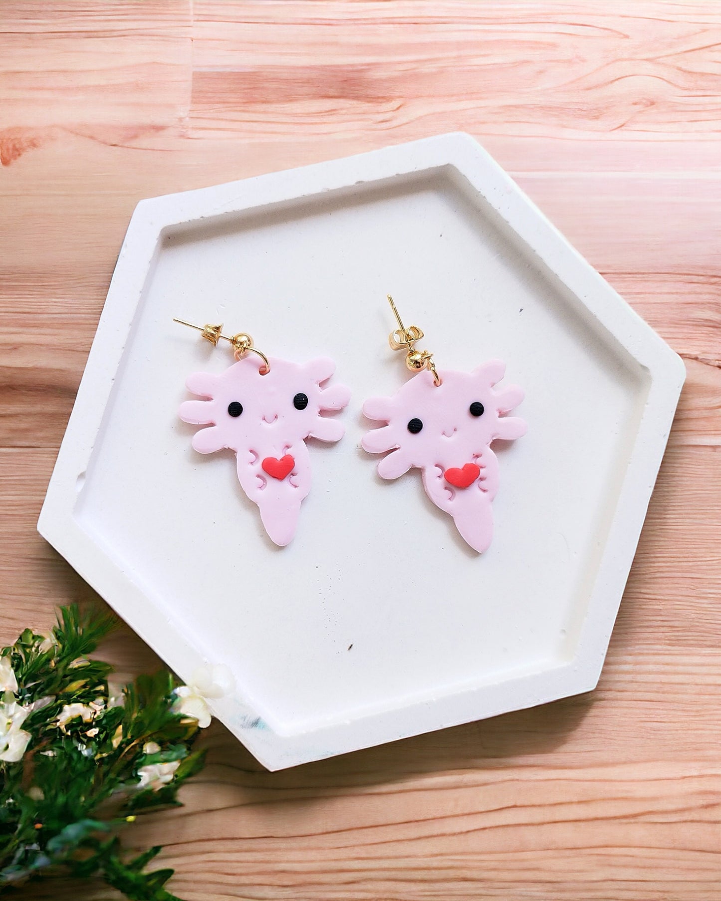 Axolotl polymer clay earrings Handmade Dainty polymer clay dangle earrings, cute minimalist girls earrings, birthday gift for best friend, niece or daughter animal lovers