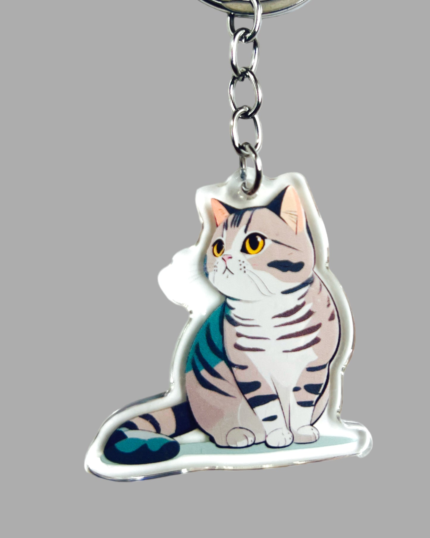 Grey Tabby Cat Acrylic Keychain, Cute kawaii memorial ornament, pet portrait charm gift  backpack fob, dad car décor, first day of school gift