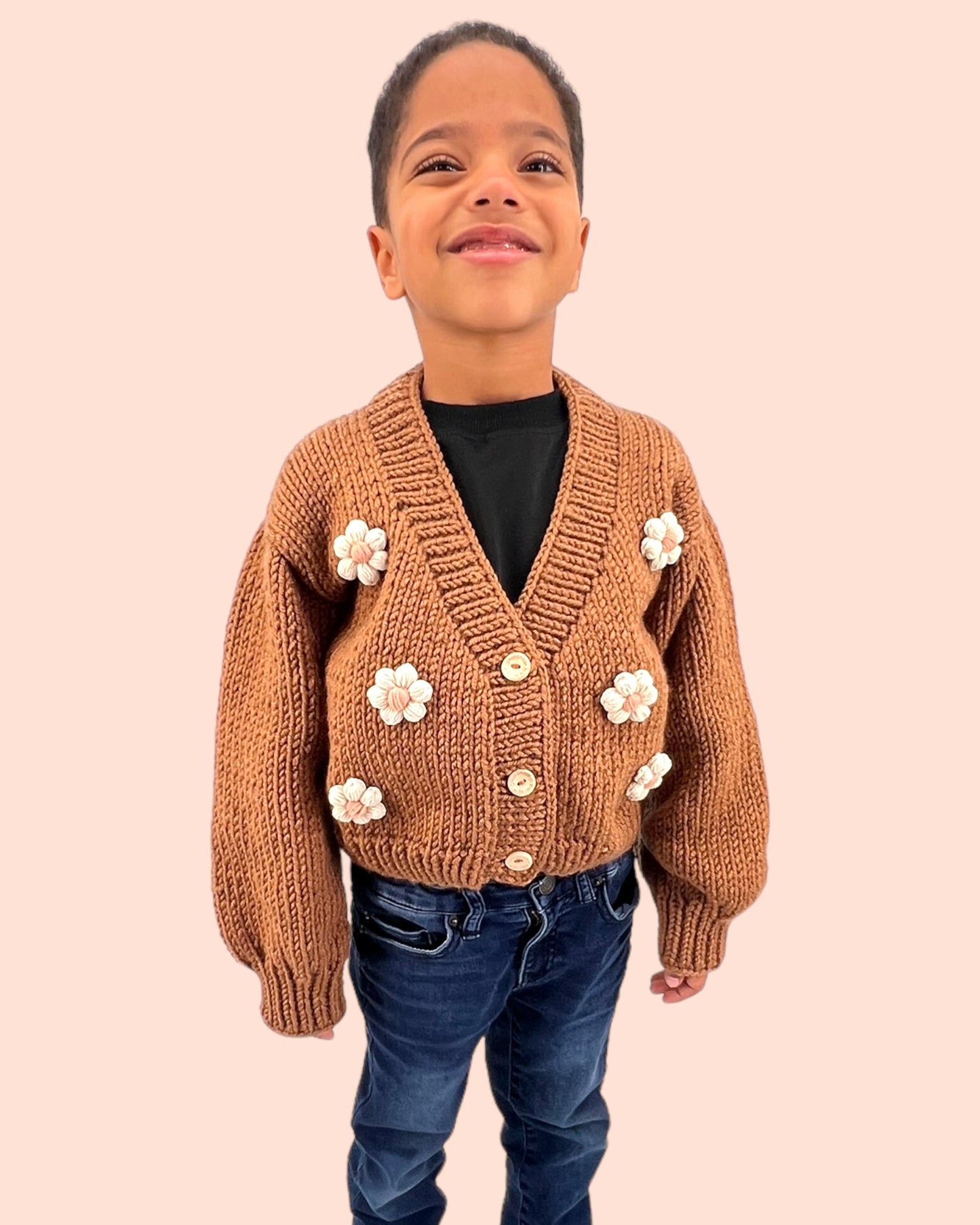 Kids Cardigan Sweater Daisy flowers unisex neutral  colors handmade knitted artisan kids clothes