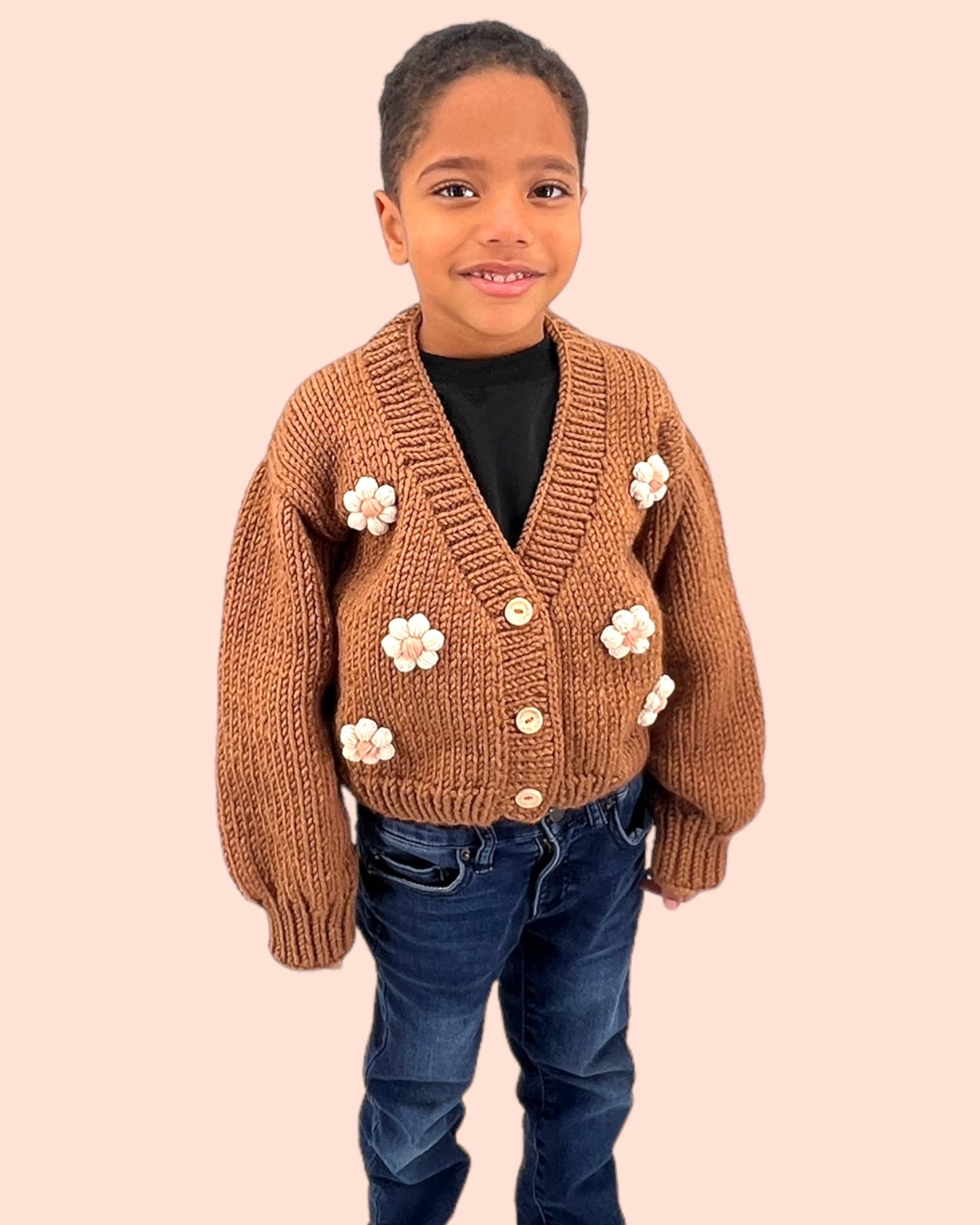 Kids Cardigan Sweater Daisy flowers unisex neutral  colors handmade knitted artisan kids clothes