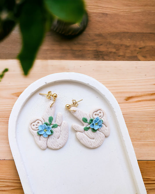 Sloth polymer clay earrings, japanese kawaii earrings, fun funky weird handmade cottagecore, cute anime, novelty quirky unique earrings