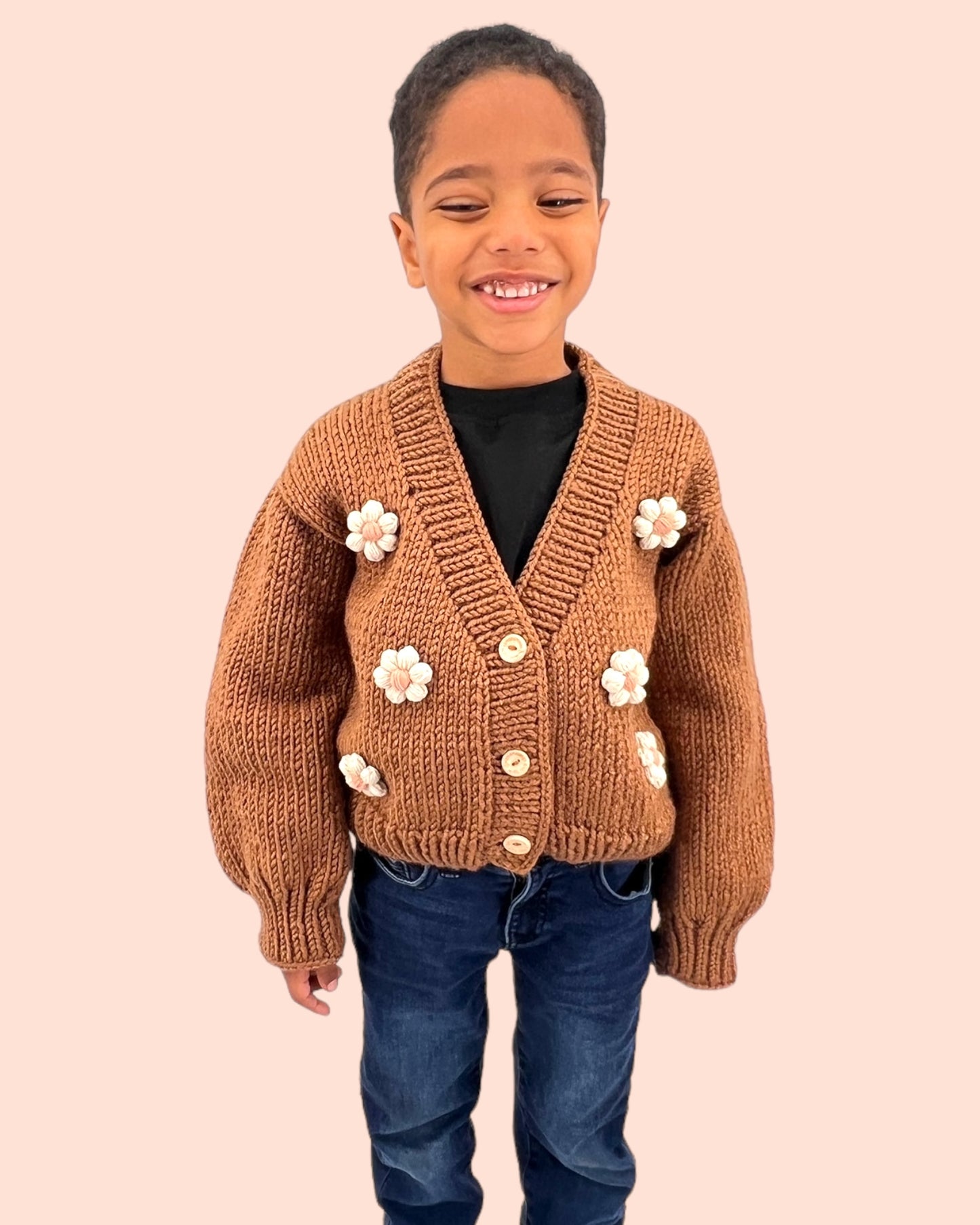 Kids Cardigan Sweater Daisy flowers unisex neutral  colors handmade knitted artisan kids clothes