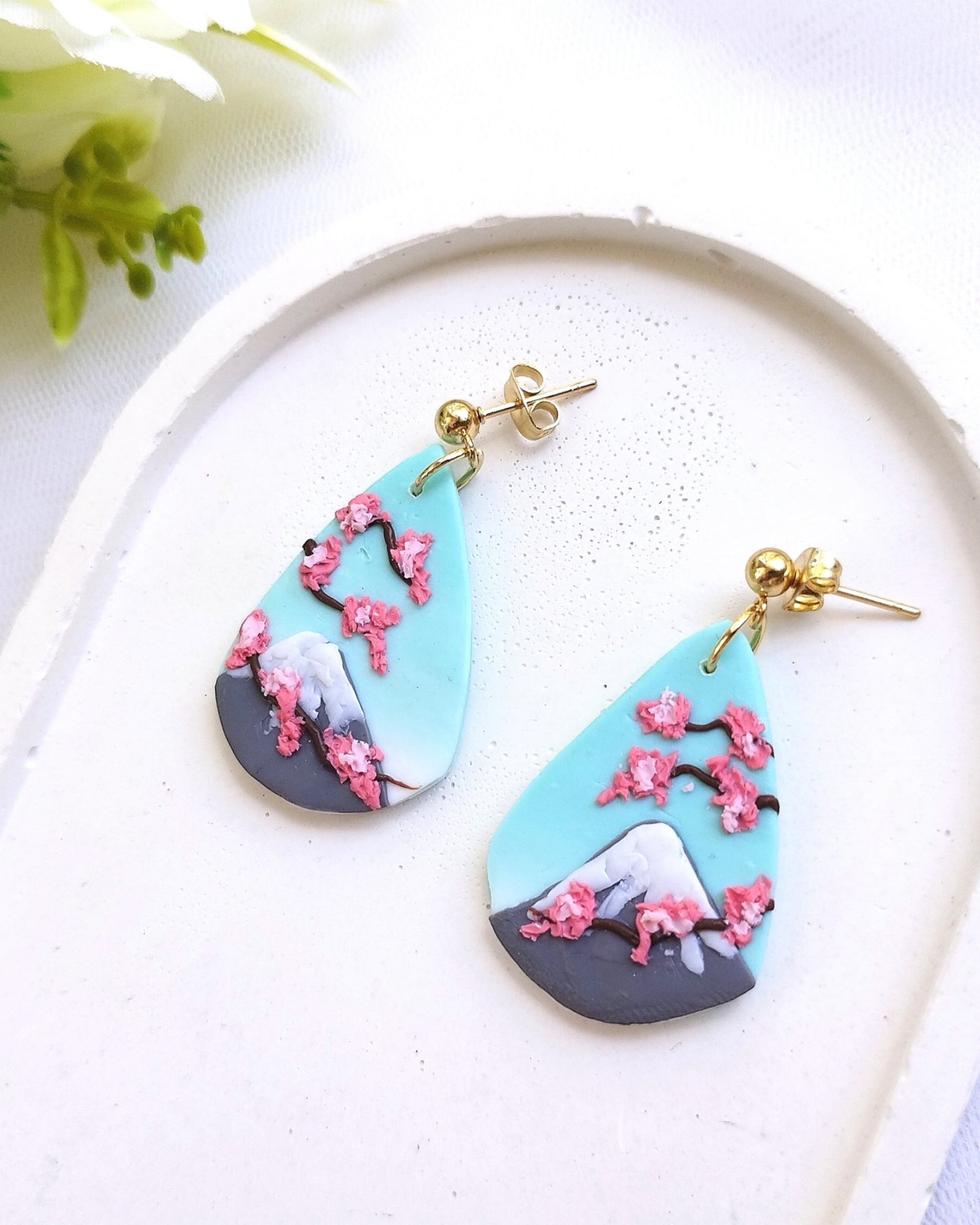 Sakura polymer clay earrings, japanese kawaii earrings, fun funky weird handmade cottagecore, cute anime, novelty quirky unique earrings