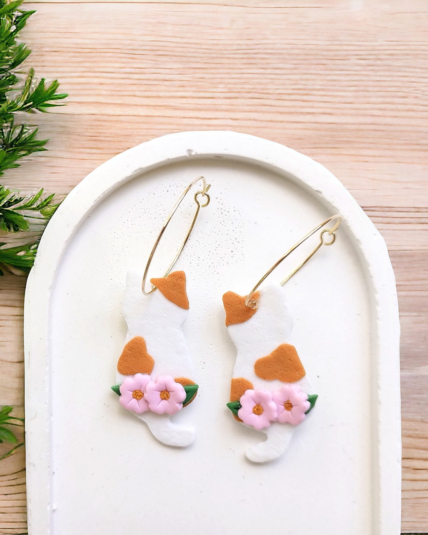 Sakura Cat Dainty polymer clay earrings,  japanese kawaii earrings, fun funky weird handmade cottagecore, cute anime, novelty quirky unique earrings