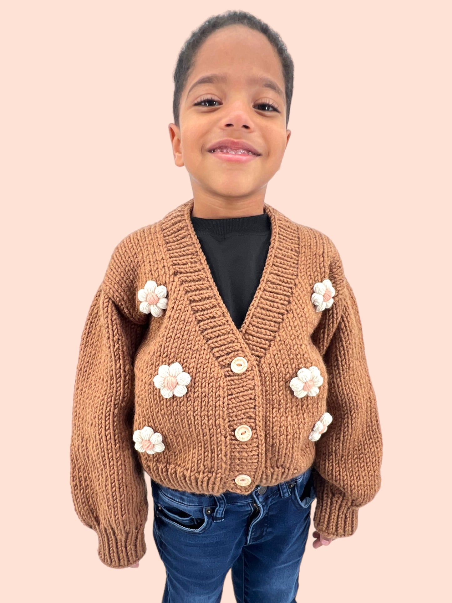 Kids Cardigan Sweater Daisy flowers unisex neutral  colors handmade knitted artisan kids clothes