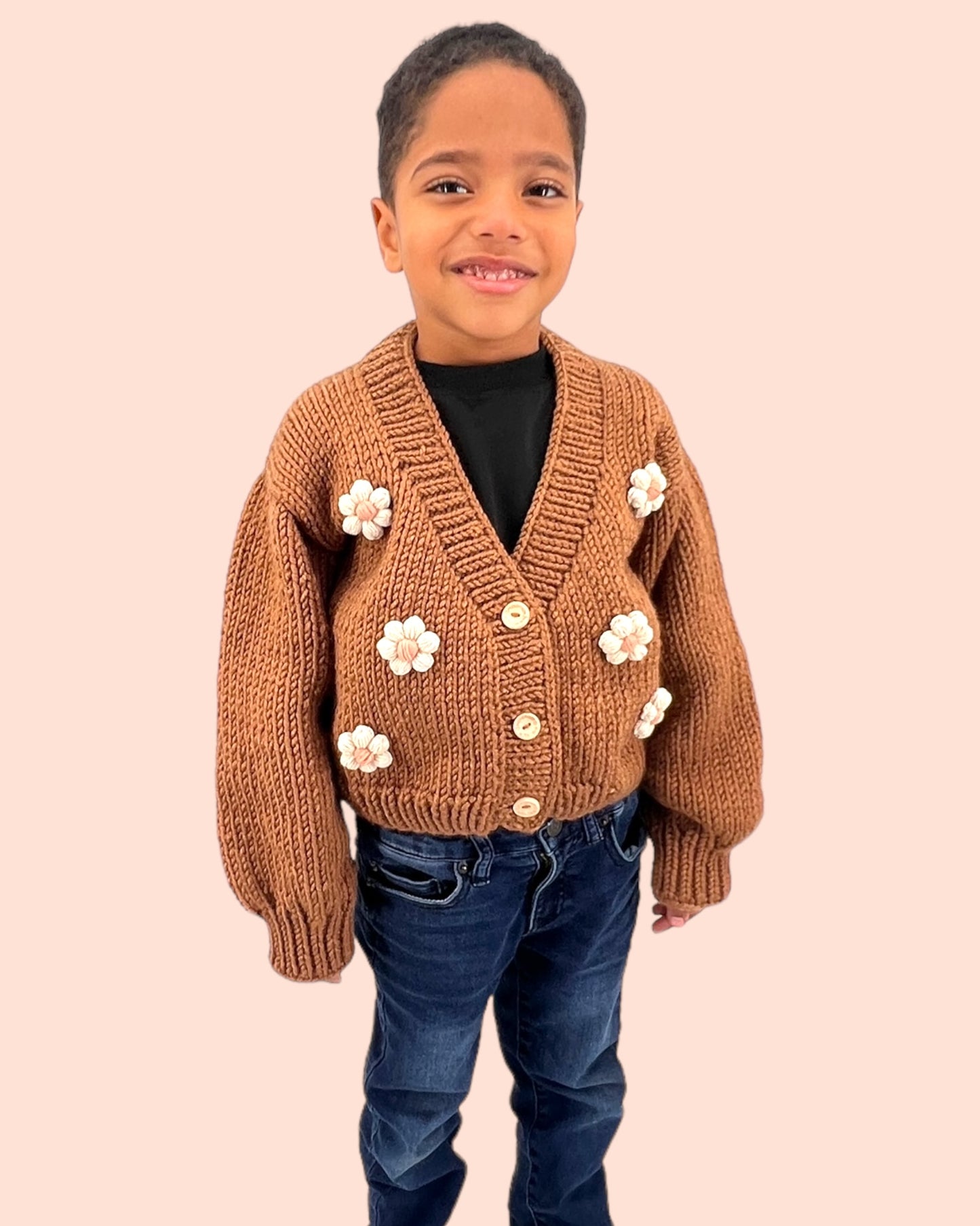 Kids Cardigan Sweater Daisy flowers unisex neutral  colors handmade knitted artisan kids clothes