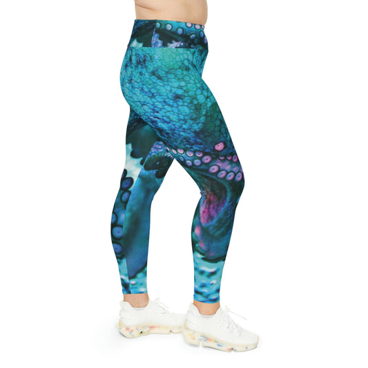 Octopus Beach Plus Size Leggings, One of a Kind Gift - Unique Workout Activewear tights for Mom fitness, Mothers Day, Girlfriend Christmas Gift