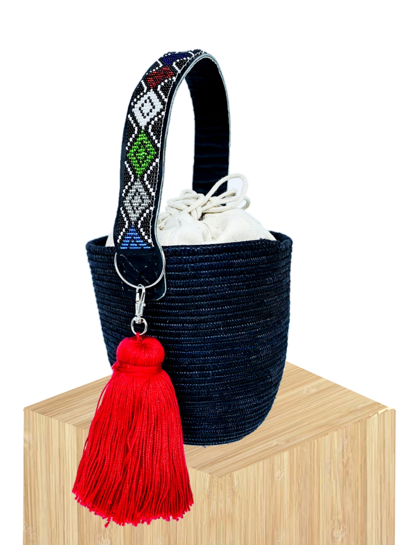 Handwoven Basket Bucket Bag Rwanda with  Beaded Handles