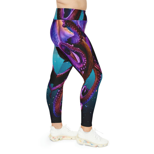 Octopus Beach Plus Size Leggings, One of a Kind Gift - Unique Workout Activewear tights for Mom fitness, Mothers Day, Girlfriend Christmas Gift