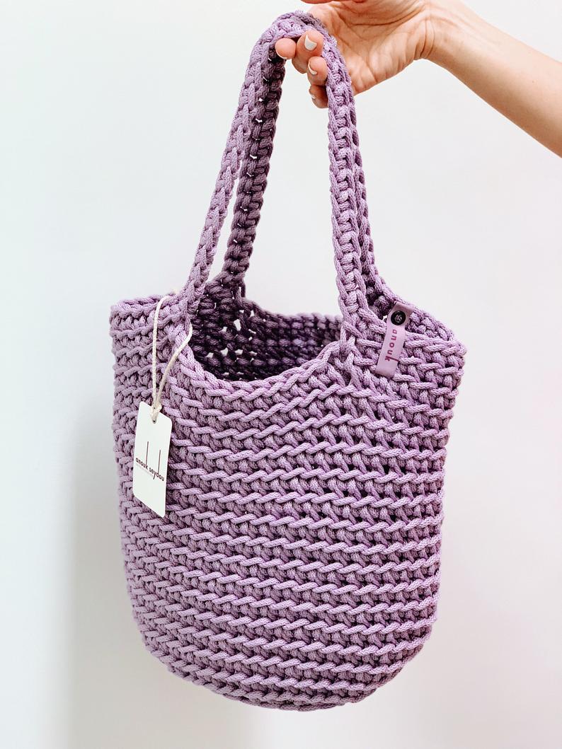 Scandinavian Tote Bag Long Handles Handmade Gloss Lilac