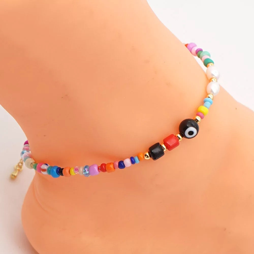 Multicolor Beads Evil Eye Anklet