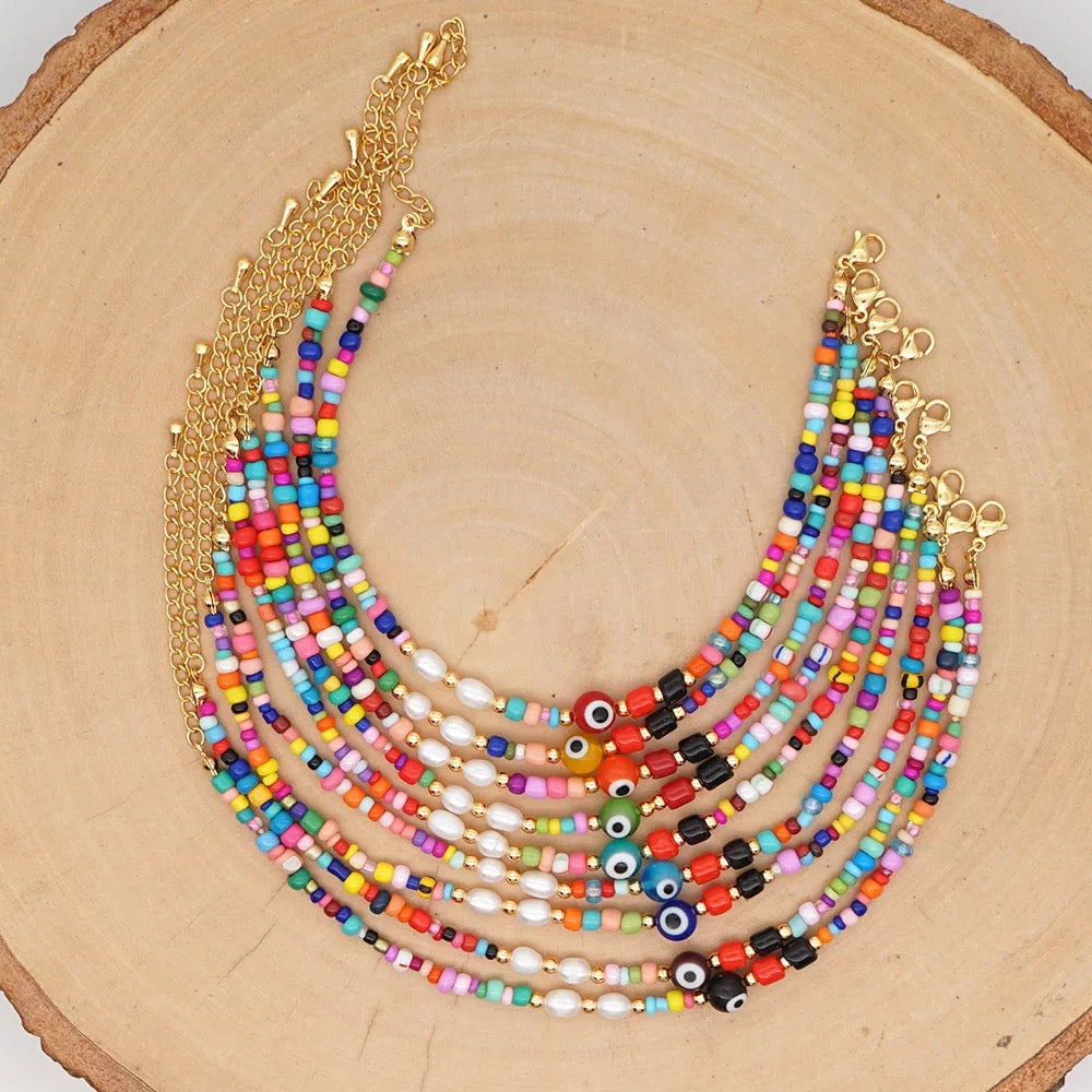 Multicolor Beads Evil Eye Anklet