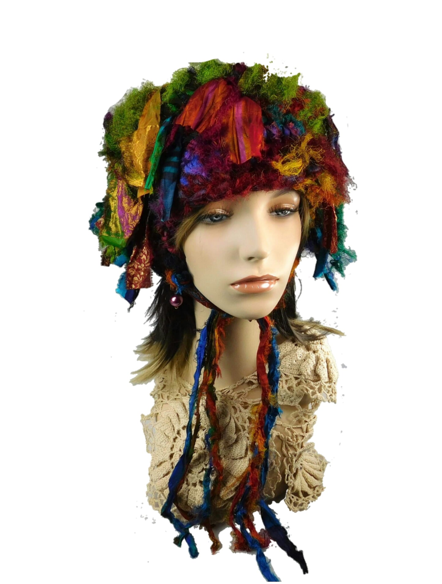 Vimbai Madya Handmade Felted Wool Crocheted Recycled Sari Ribbon Hat