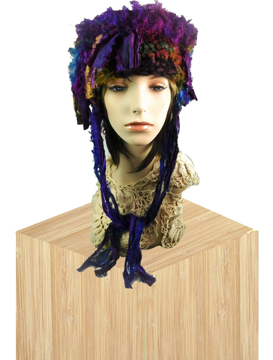 Vimbai Madya Handmade Felted Wool Crocheted Recycled Sari Ribbon Hat