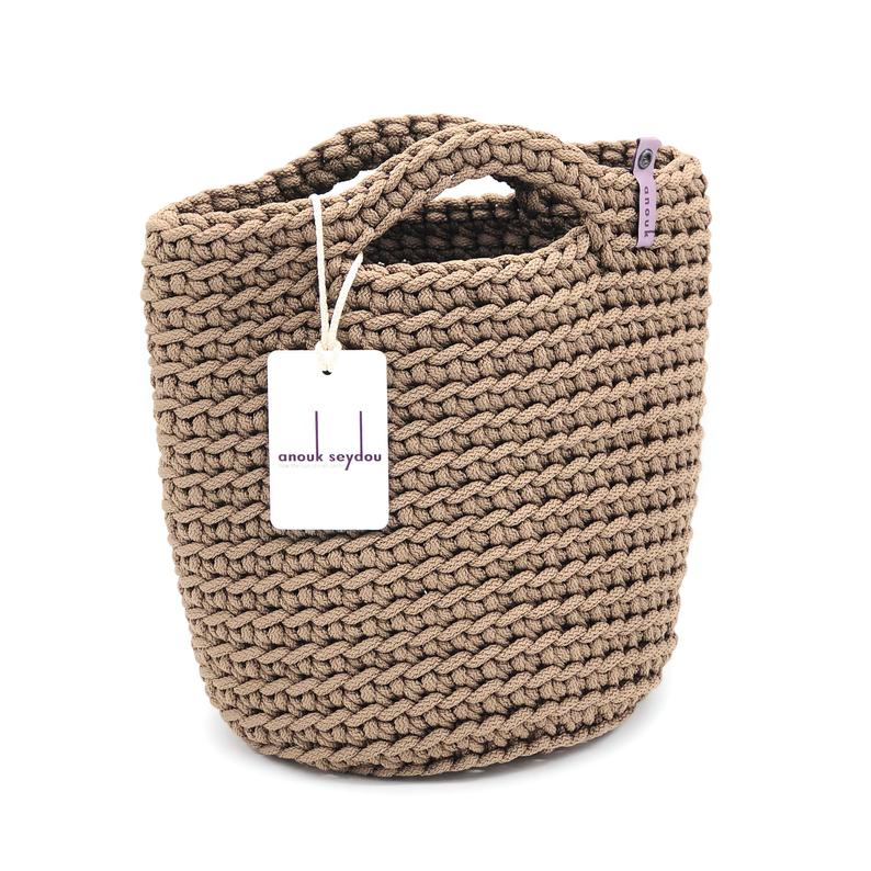 Scandinavian Style Handmade Crochet Tote Bag with Short Hands Taupe